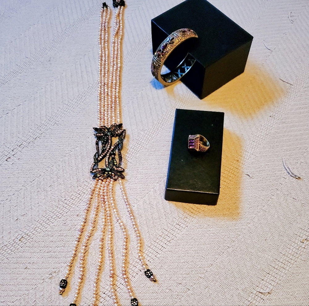 Elegant Pearl and Pink And Purple Gemstones Necklace With Bracelet And Ring.3pc